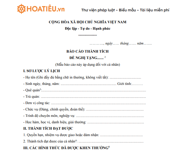 Mẫu báo cáo thành tích đề nghị khen tặng cá nhân của viện kiểm sát