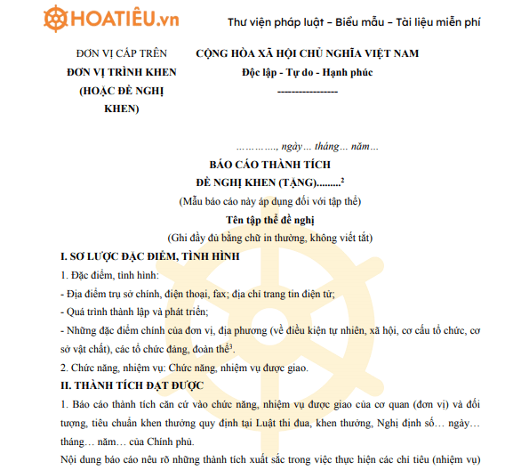 Mẫu báo cáo thành tích đề nghị khen tặng tập thể của viện kiểm sát