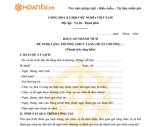 Mẫu báo cáo thành tích đề nghị tặng thưởng huân chương của viện kiểm sát