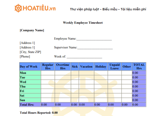 Mẫu bảng chấm công nhân viên bằng Tiếng Anh