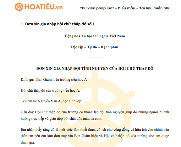 Đơn xin gia nhập Hội chữ thập đỏ