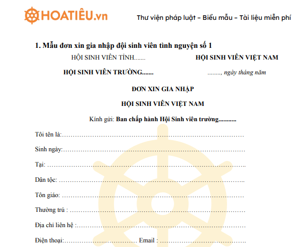 Mẫu đơn xin tham gia đội sinh viên tình nguyện