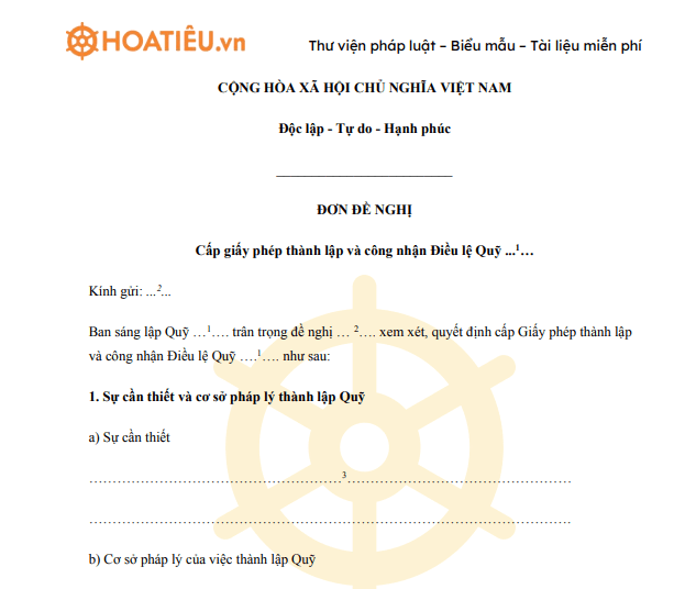 Đơn đề nghị cấp giấy phép thành lập và công nhận Điều lệ quỹ từ thiện