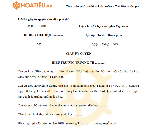 Mẫu giấy ủy quyền cho hiệu phó