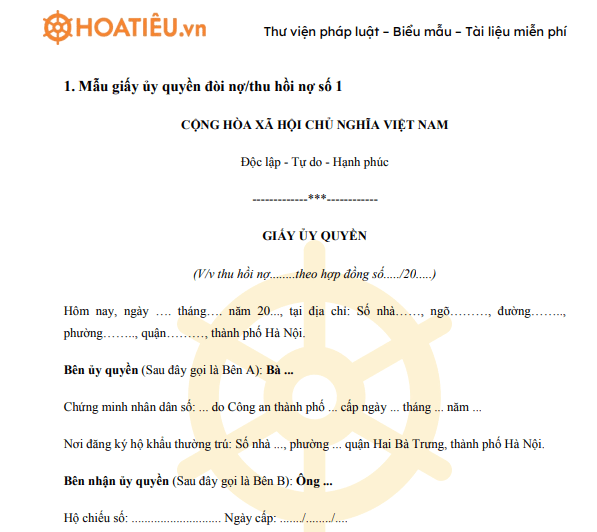 Mẫu Giấy ủy quyền đòi nợ/thu hồi nợ