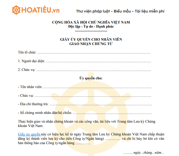 Mẫu giấy ủy quyền giao nhận chứng từ