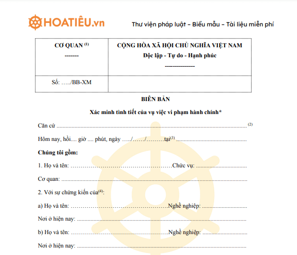 Mẫu biên bản xác minh tình tiết của vụ việc vi phạm hành chính