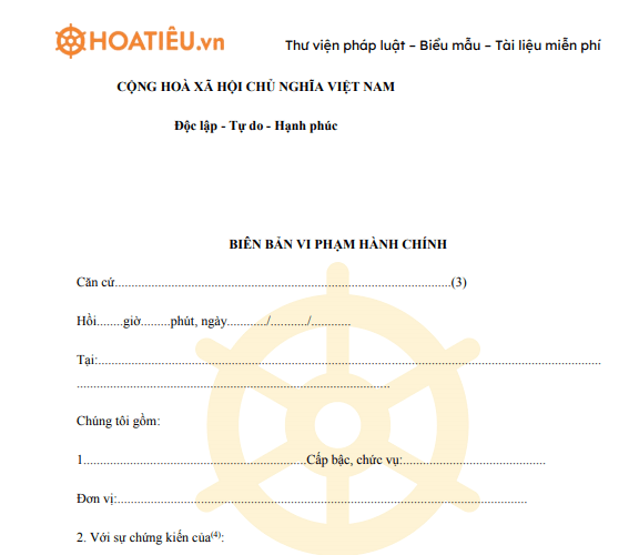 Mẫu biên bản vi phạm hành chính 2020