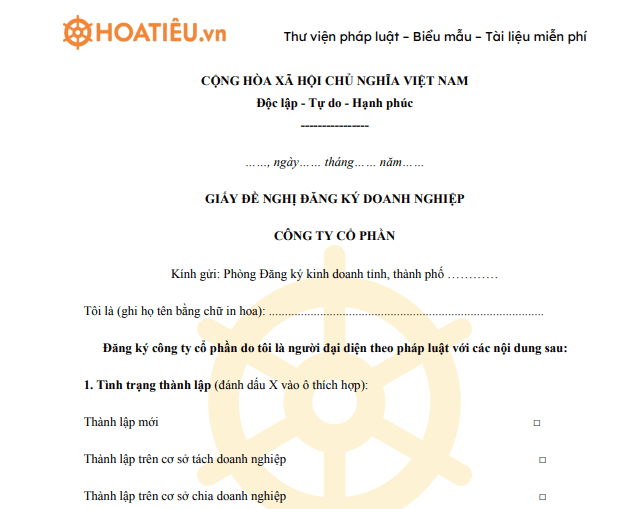 Giấy đề nghị đăng ký kinh doanh công ty cổ phần