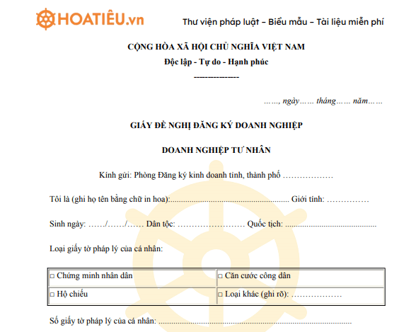 Giấy đề nghị đăng ký doanh nghiệp tư nhân