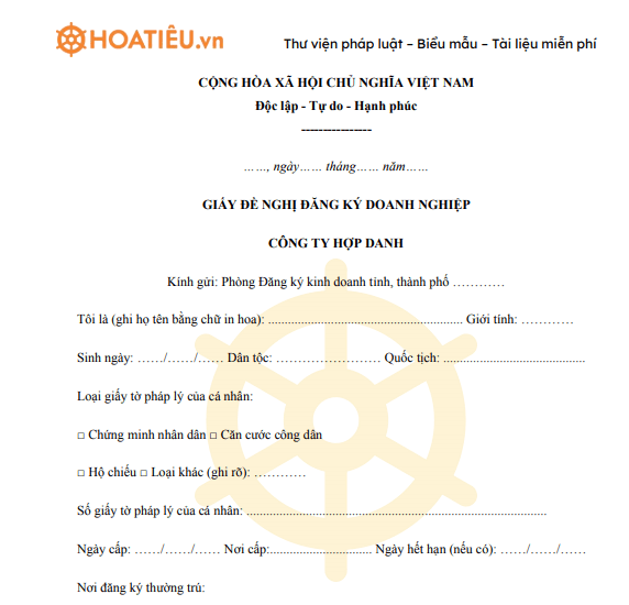 Mẫu giấy đề nghị đăng ký kinh doanh công ty hợp danh