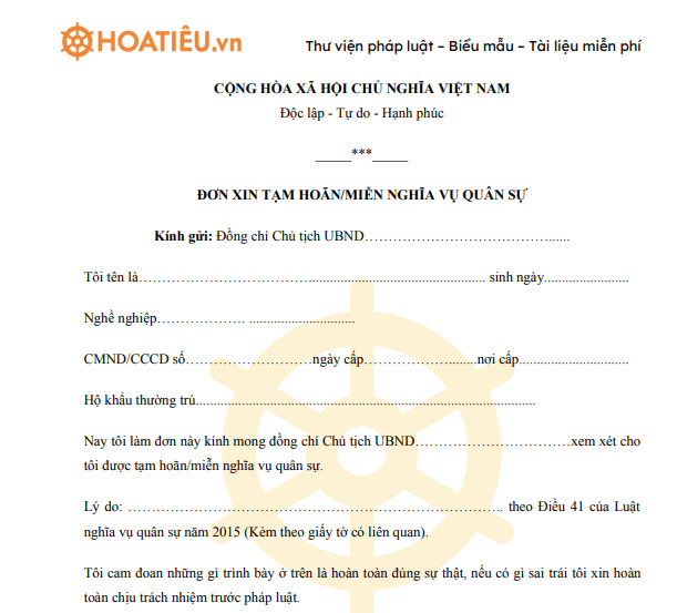 Mẫu đơn xin miễn đi nghĩa vụ quân sự