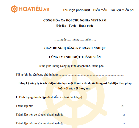 Mẫu giấy đề nghị thành lập doanh nghiệp công ty TNHH một thành viên