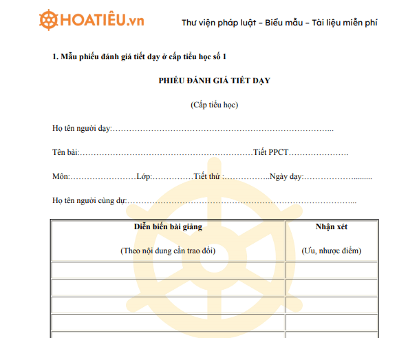 Mẫu phiếu đánh giá chất lượng giảng dạy