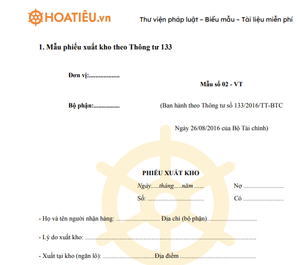 Mẫu phiếu xuất kho bằng Excel