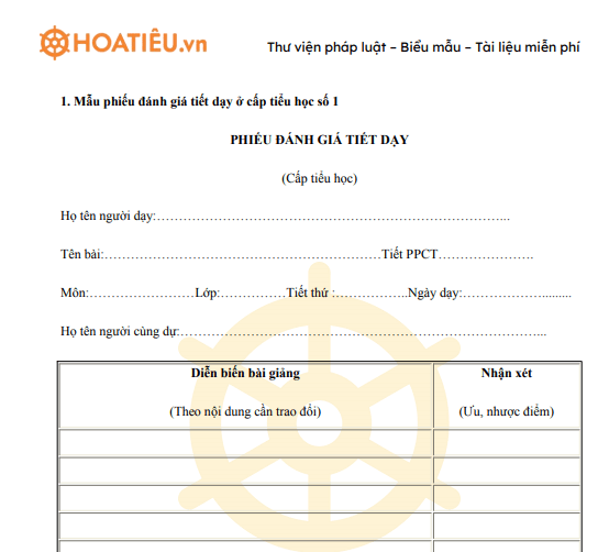 Phiếu đánh giá tiết dạy cấp tiểu học 