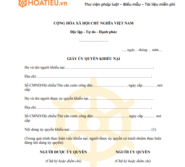 Mẫu giấy ủy quyền khiếu nại