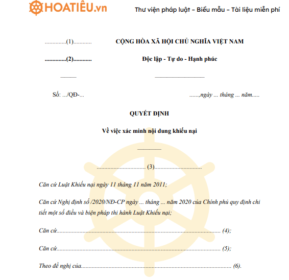 Mẫu quyết định về việc xác minh nội dung khiếu nại