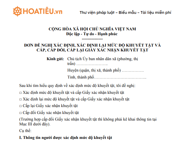 Mẫu đơn đề nghị xác định mức độ khuyết tật