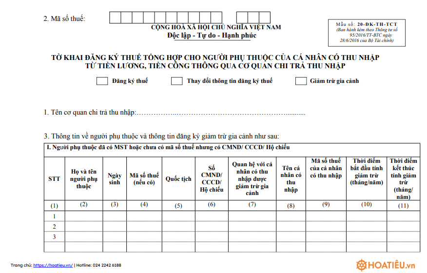 Tờ khai đăng ký người phụ thuộc giảm trừ gia cảnh