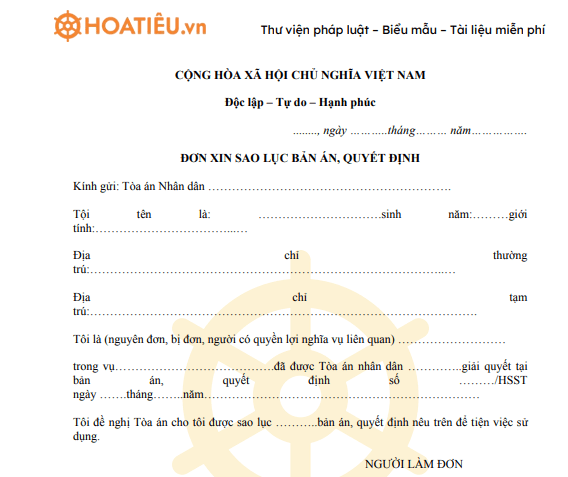 Mẫu đơn xin cấp lại quyết định ly hôn