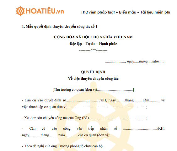 Mẫu quyết định thuyên chuyển công tác