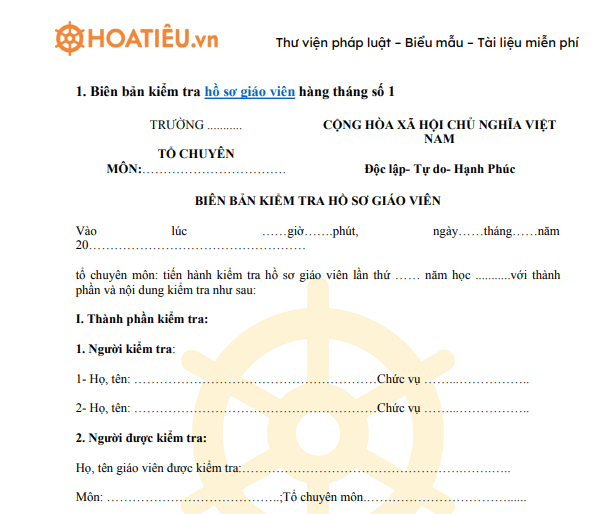 Biên bản kiểm tra hồ sơ giáo viên hàng tháng