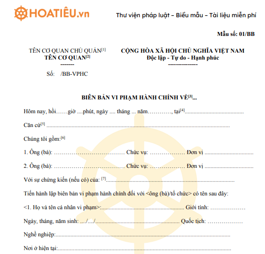 Mâu BB/01: Biên bản vi phạm hành chính về thuế, hóa đơn