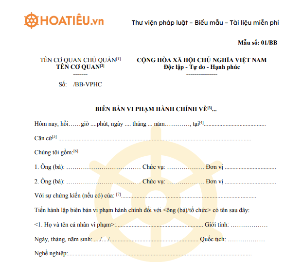 Mẫu biên bản vi phạm hành chính về thuế