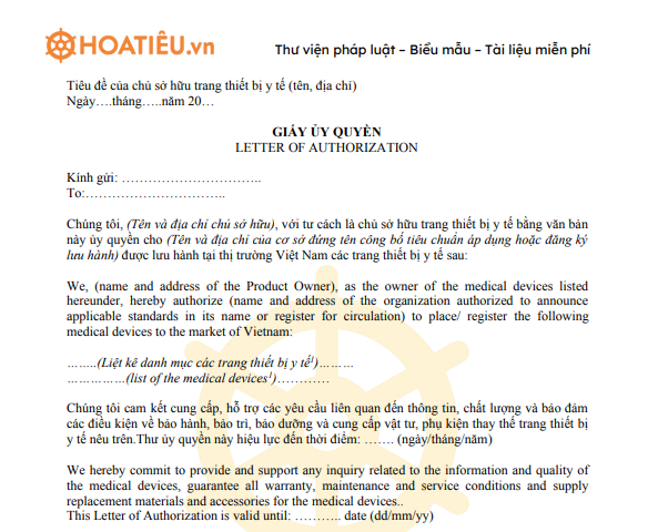 Mẫu giấy ủy quyền lưu hành trang thiết bị y tế