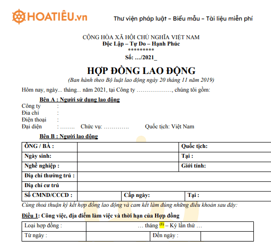 Mẫu hợp đồng lao động năm 2021