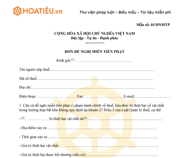 Mẫu 01/ĐNMTP: Đơn đề nghị miễn tiền phạt vi phạm hành chính