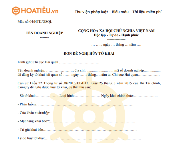 Mẫu đơn đề nghị hủy tờ khai hải quan 