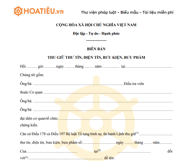 Mẫu biên bản thu giữ thư tín, điện tín, bưu kiện, bưu phẩm