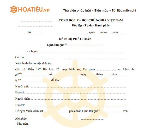 Mẫu đề nghị phê chuẩn lệnh thu giữ