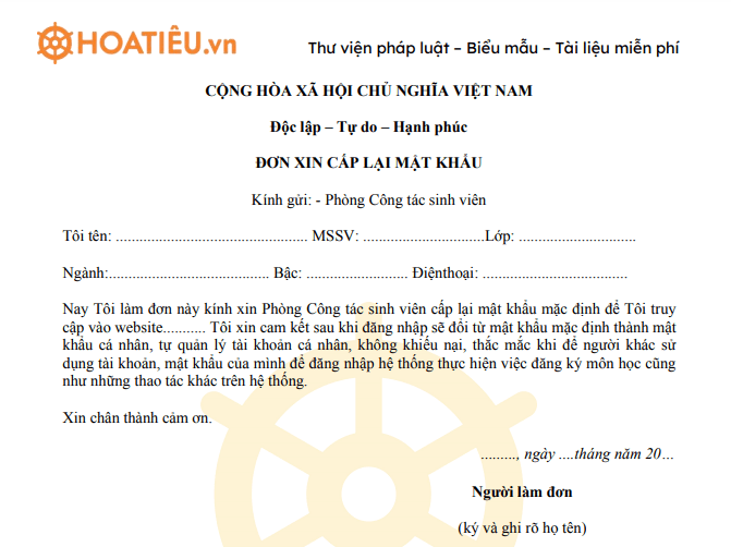 Mẫu công văn yêu cầu cấp lại mật khẩu