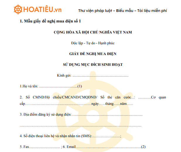 Giấy đề nghị mua điện
