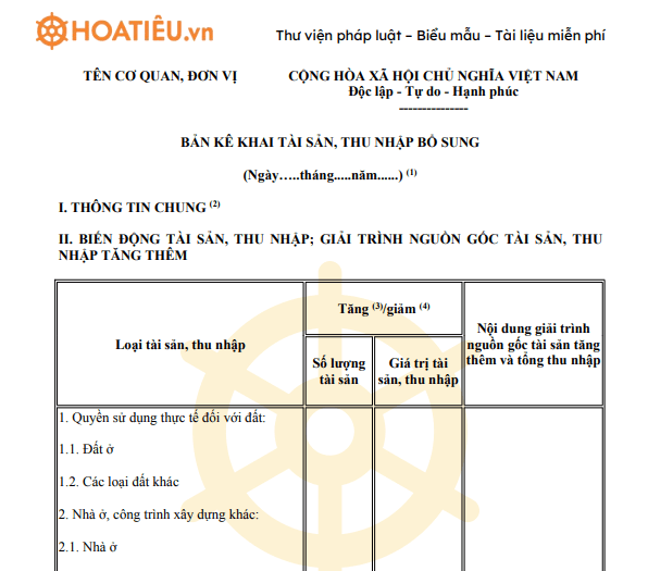 Mẫu bản kê khai tài sản, thu nhập cán bộ, công chức bổ sung