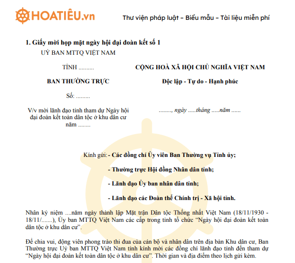 Mẫu giấy mời dự ngày hội đại đoàn kết dân tộc