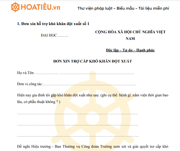 Đơn xin hỗ trợ khó khăn đột xuất