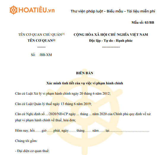 Mẫu biên bản xác minh tình tiết của vụ việc vi phạm hành chính