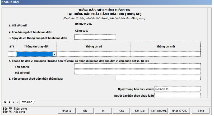 Cách lập mẫu Thông báo điều chỉnh thông tin TB04/AC