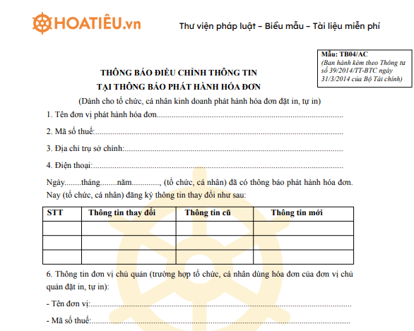 Mẫu TB04/AC: Thông báo điều chỉnh thông tin tại thông báo phát hành hóa đơn