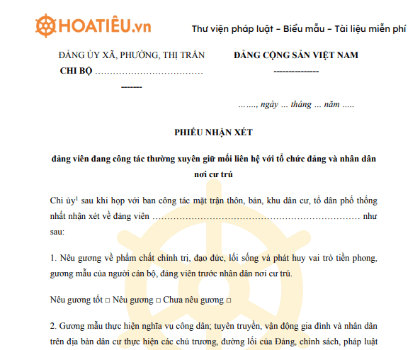 Mẫu phiếu nhận xét đảng viên đang công tác thường xuyên giữ mối liên hệ với tổ chức đảng và nhân dân nơi cư trú
