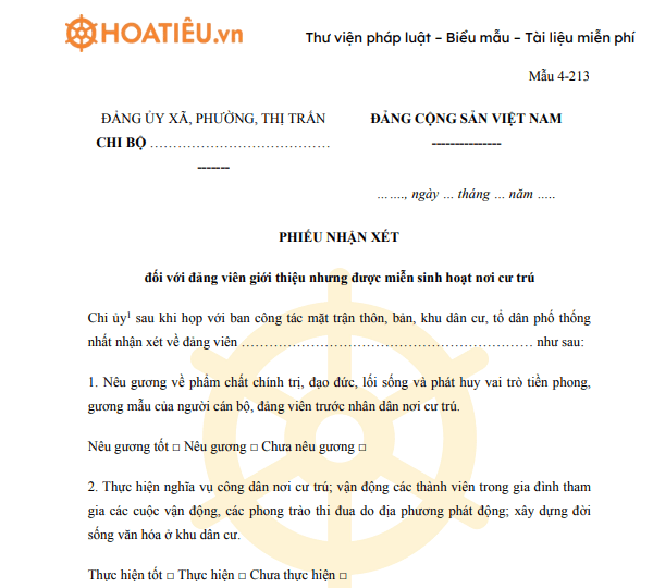 Phiếu nhận xét đối với đảng viên giới thiệu nhưng được miễn sinh hoạt nơi cư trú