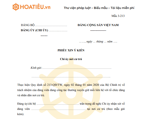 Phiếu xin ý kiến chi ủy nơi cư trú 