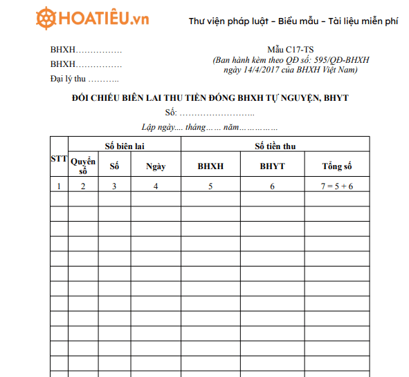 Mẫu C17-TS: Đối chiếu biên lai thu tiền đóng BHXH tự nguyện, BHYT 