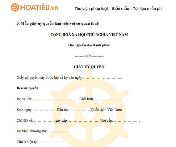 Mẫu giấy ủy quyền (làm việc với cơ quan thuế, cơ quan nhà nước khác) 