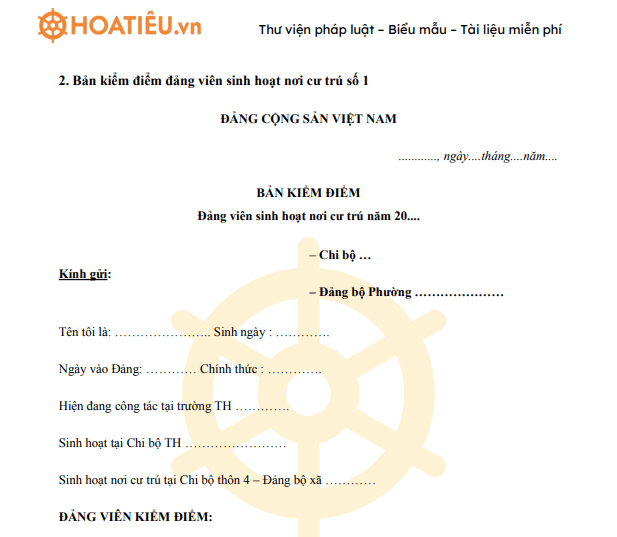 Mẫu bản kiểm điểm đảng viên sinh hoạt nơi cư trú