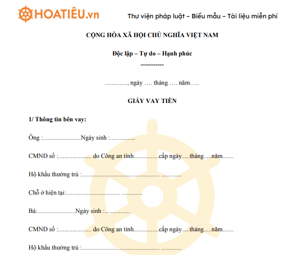 Mẫu giấy vay tiền không thế chấp